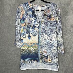 Chicos 2 Large Top Shirt Blue Paisley Tab 3/4 Sleeve V Neck High Low Knit Womens